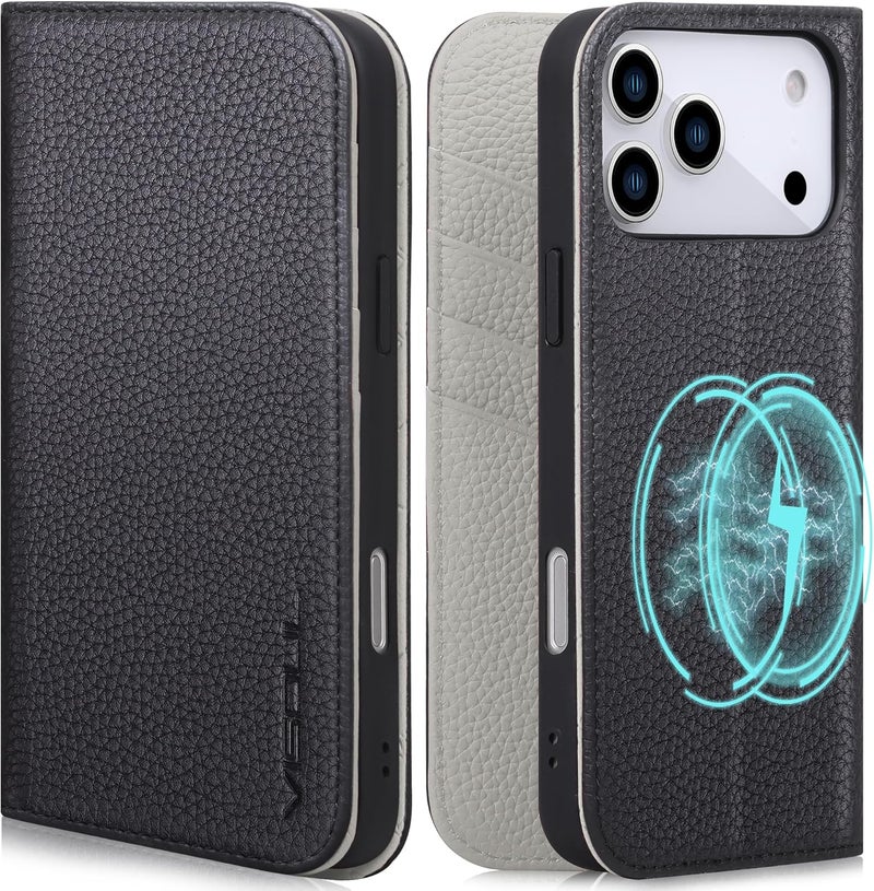 VISOUL Wallet Case Compatible with iPhone 17 Pro Max 6.9" 2025 Litchi Grain Genuine Leather Magnetic Flip Folio Cover with Wireless Charging, RFID Blocking, 4 Card Slots- - Image 1