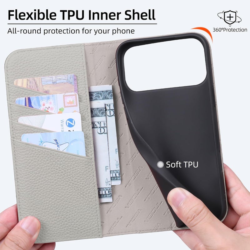 VISOUL Wallet Case Compatible with iPhone 17 Pro Max 6.9" 2025 Litchi Grain Genuine Leather Magnetic Flip Folio Cover with Wireless Charging, RFID Blocking, 4 Card Slots- - Image 4