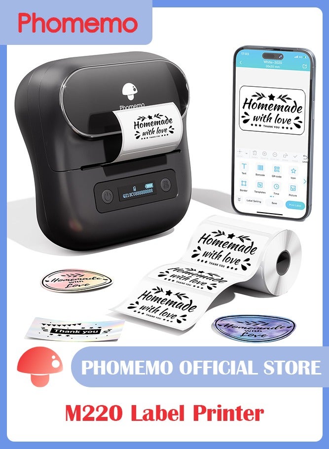 فوميمو ماكينة صنع ملصقات M220، طابعة ملصقات باركود 75 ملم، الة صنع ملصقات محمولة للباركود والاسم والعنوان والبريد والاعمال الصغيرة، متوافقة مع الهواتف والكمبيوتر، تدعم اللغة العربية والانجليزية، حراري (أسود) - Image 1