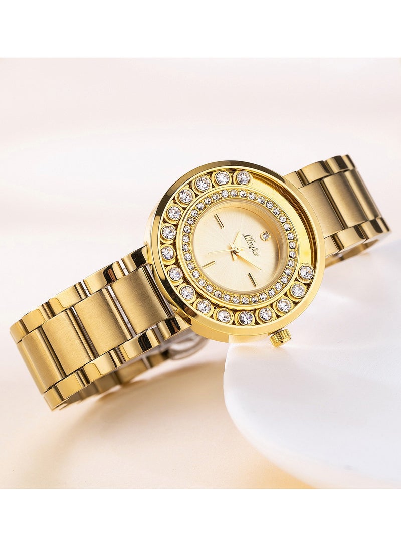 مس_فوكس ساعة نسائية أنيقة بقرص دوار من الألماس وساعة من الفولاذ المقاوم للصدأ - Image 3
