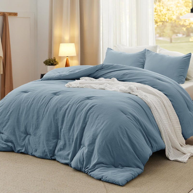 Bedsure King Comforter Set, Dusty Blue Soft Prewashed Bedding for All Seasons, 3 Pieces GentleSoftâ„¢ Bed Set, 1 Lightweight Comforter (104"x90") and 2 Pillowcases (20"x36") - Image 1