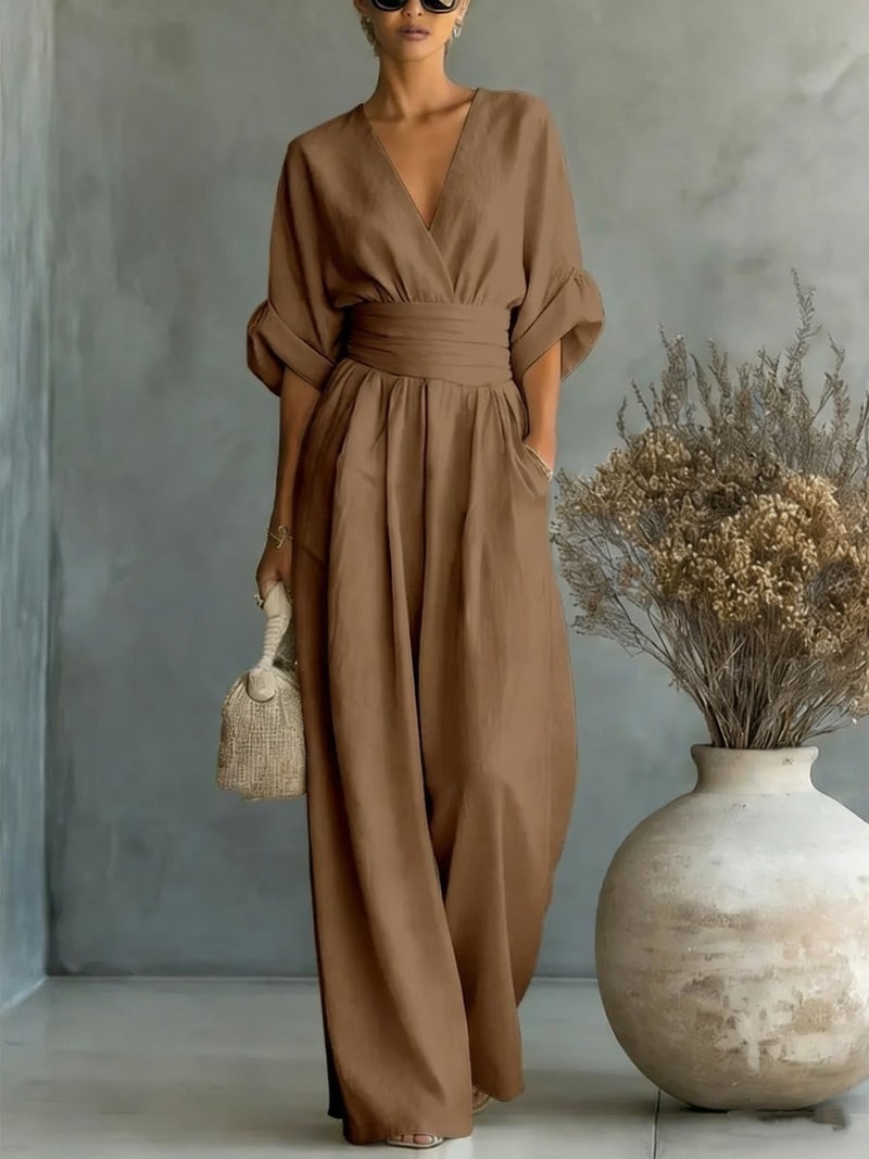 2026 European and American Cross-Border Spring/Summer New Elegant High-Waisted V-Neck Jumpsuit