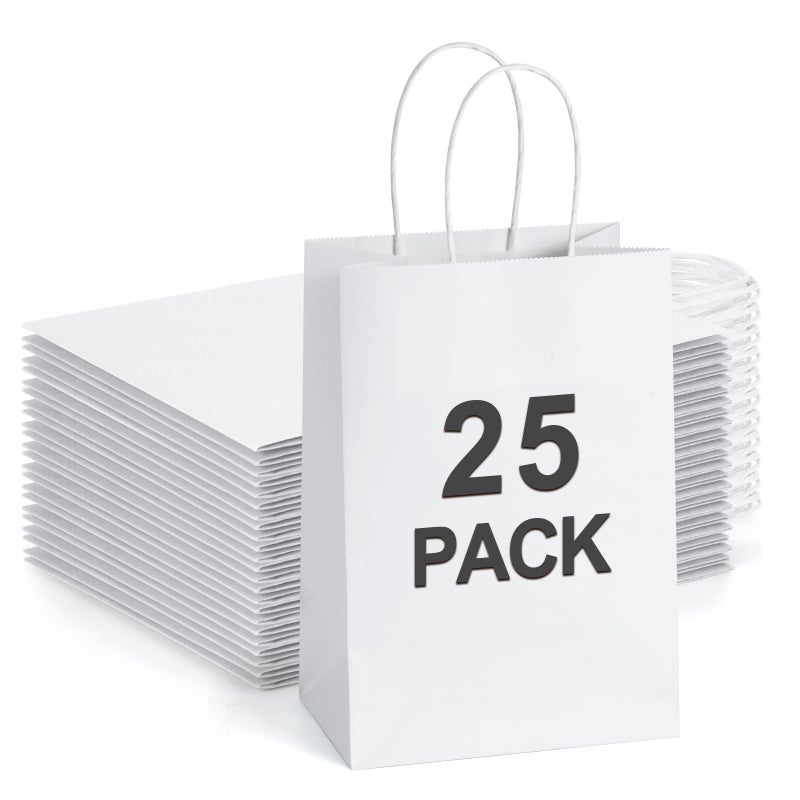 BagDream Small Gift Bags 25Pcs 5.25x3x8 Kraft White Paper Bags with Handles, for Small Gifts, Birthday, Wedding Party Favor, Retail Merchandise Paper Sacks - Image 1