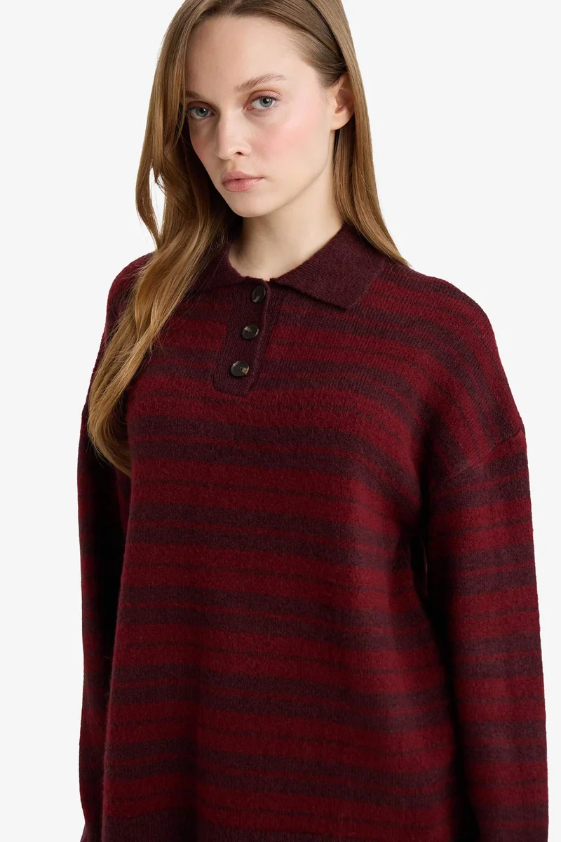 ديفاكتو Loose Fit Polo Neck Knit Striped Tunic