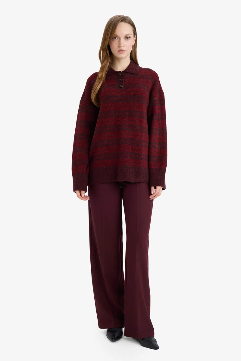 ديفاكتو Loose Fit Polo Neck Knit Striped Tunic