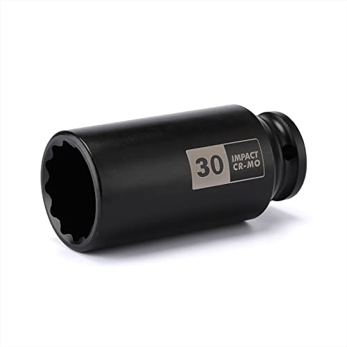 EMENTOL 1/2 Inch Drive Deep Spindle Axle Nut Impact Socket, CR-MO, 12 Point, Metric, Deep 12PT Impact Socket - 30mm - Image 1