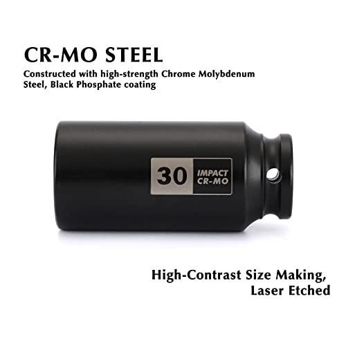 EMENTOL 1/2 Inch Drive Deep Spindle Axle Nut Impact Socket, CR-MO, 12 Point, Metric, Deep 12PT Impact Socket - 30mm - Image 3