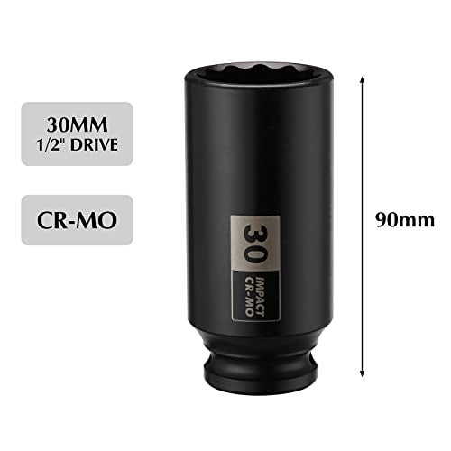 EMENTOL 1/2 Inch Drive Deep Spindle Axle Nut Impact Socket, CR-MO, 12 Point, Metric, Deep 12PT Impact Socket - 30mm - Image 2