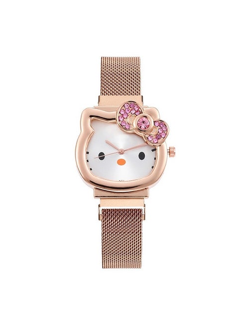 Rose Gold Crystal Rhinestone Watch – Cute Hello Kitty Magnetic Bow Strap Watch for Girls/Teens