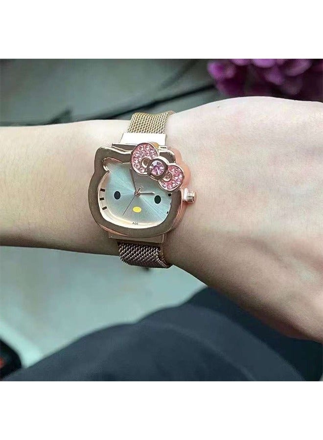 سانريو ساعة أنثوية برباط مغناطيسي بتصميم قوس ماسي – ساعة كارتون قطّة أنيقة بلون ذهب وردي للفتيات - Image 3