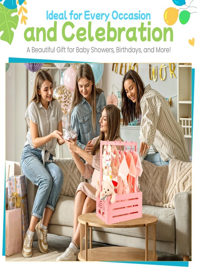 Lavuash Wooden Baby Shower Crate Closet – with Handle, Smooth Surface & Round Edges – Textured Natural Wood - New Born Welcome Gift Hamper for Boys & Girls - Pregnancy Gifts for New Parents (Baby Pink) - Image 2