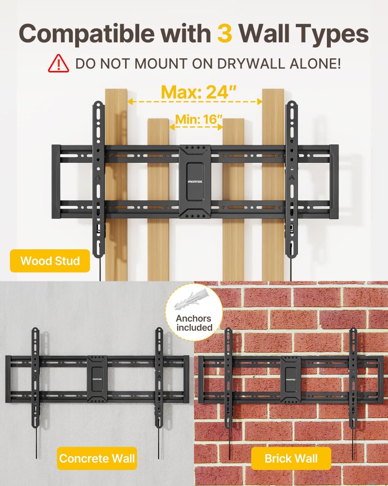 monTEK Heavy Duty Tilting TV Wall Mount for 43-95 Inch TVs, 200 lbs Capacity, 1.65" Slim Low Profile Wall Bracket, Max VESA 800x400mm Fits 16"/18"/24" Studs, Space-Saving for Large Flat & Curved TVs - Image 5
