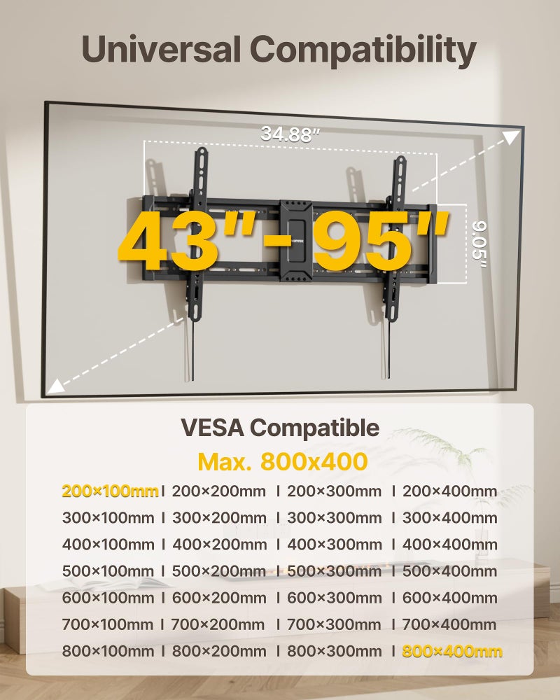 monTEK Heavy Duty Tilting TV Wall Mount for 43-95 Inch TVs, 200 lbs Capacity, 1.65" Slim Low Profile Wall Bracket, Max VESA 800x400mm Fits 16"/18"/24" Studs, Space-Saving for Large Flat & Curved TVs - Image 2