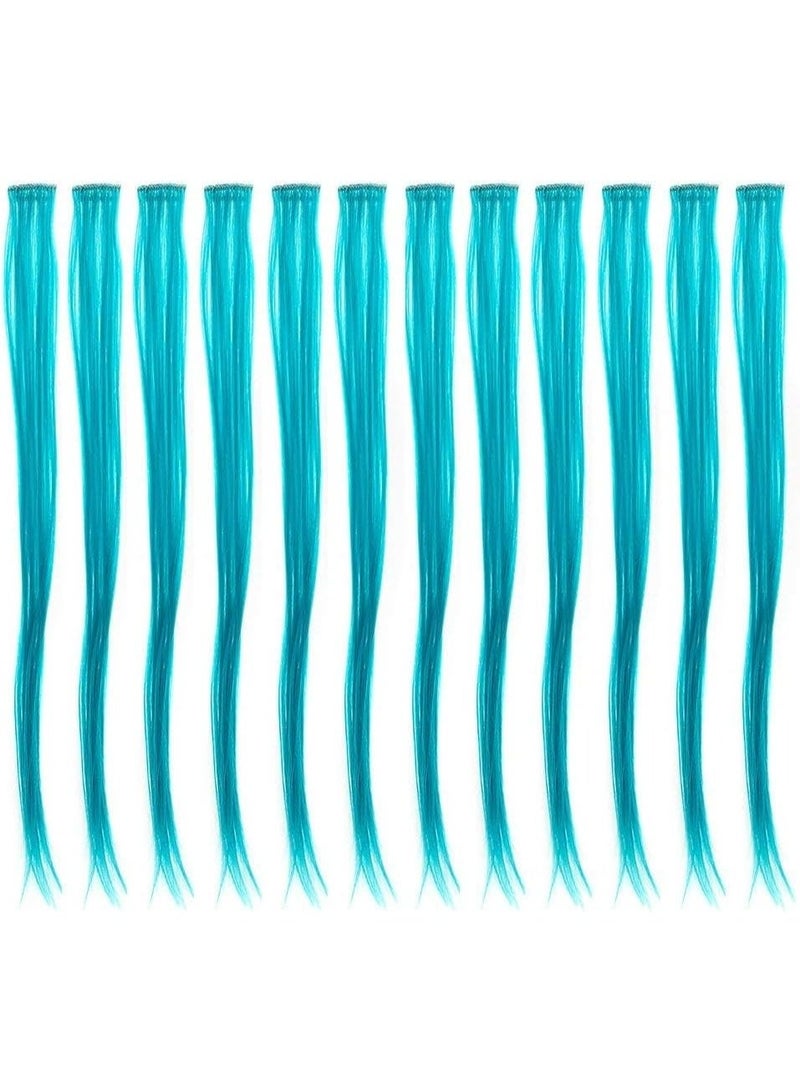 12 Pcs Straight One Color Party Highlights Clip on in Hair Extensions Colored Hair Streak Synthetic Hairpieces (Teal Blue) - Image 1
