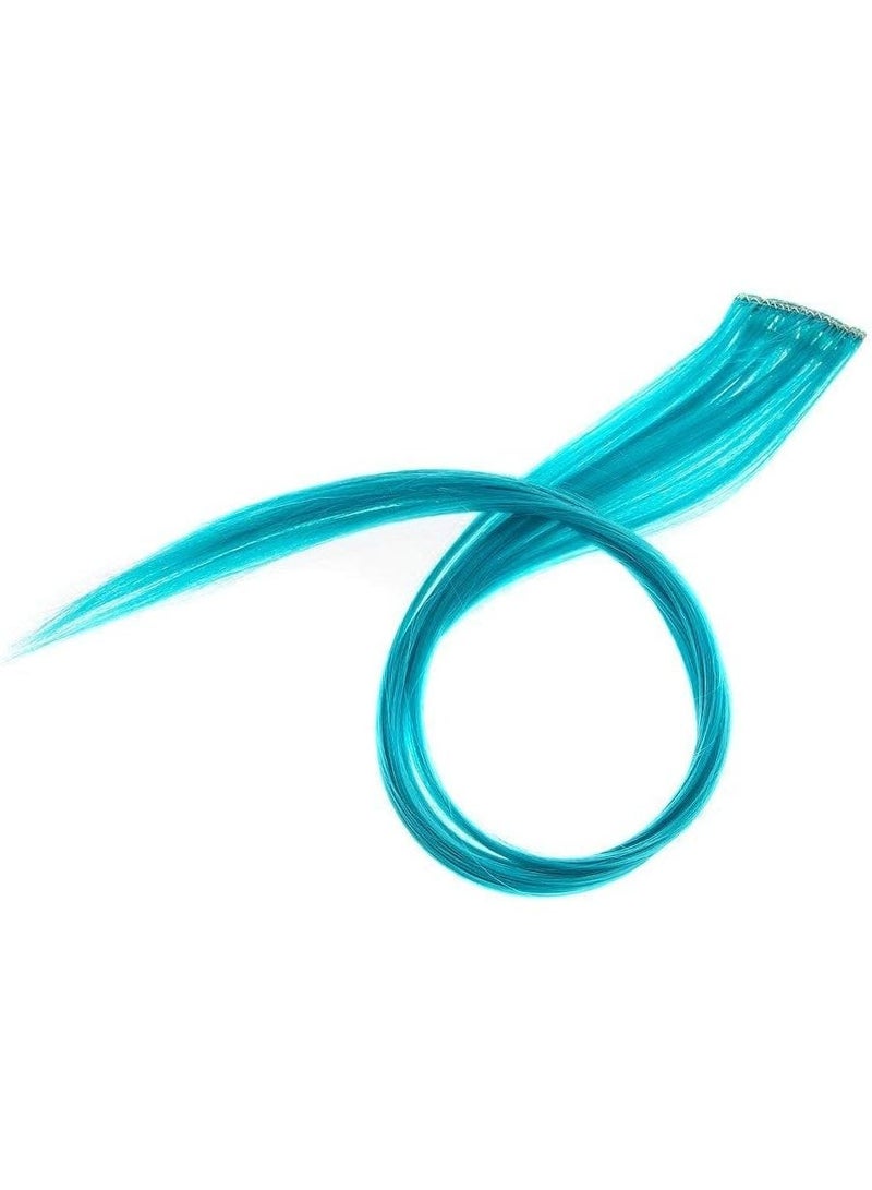 12 Pcs Straight One Color Party Highlights Clip on in Hair Extensions Colored Hair Streak Synthetic Hairpieces (Teal Blue) - Image 2