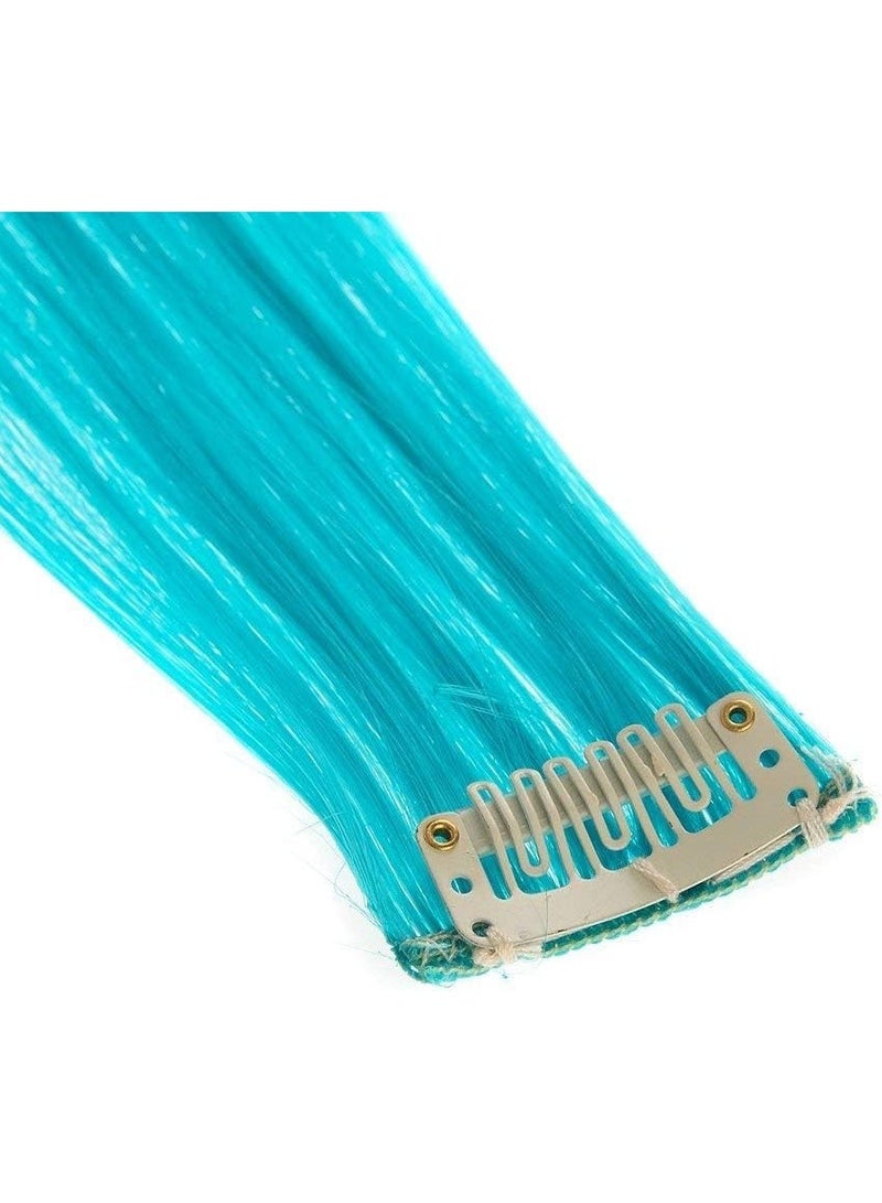 12 Pcs Straight One Color Party Highlights Clip on in Hair Extensions Colored Hair Streak Synthetic Hairpieces (Teal Blue) - Image 3