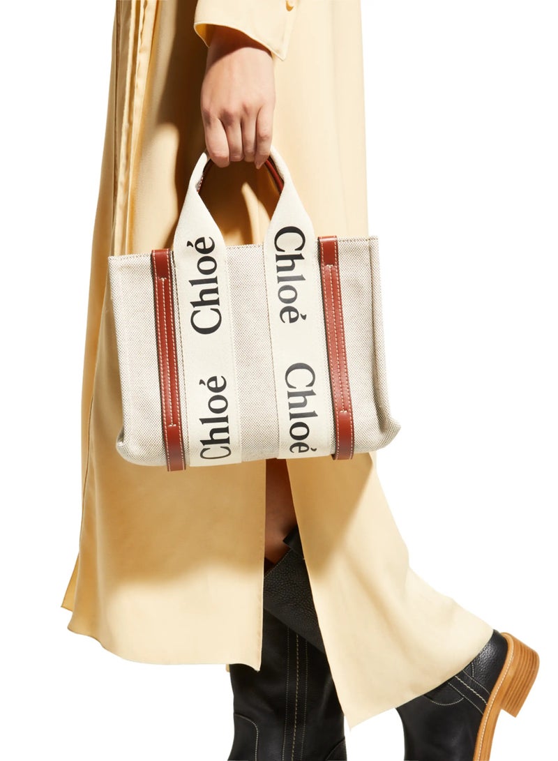 Chloe Woody Small Women Tote Bag in Linen, Women Shoulder Bag, Women Hand Bag, Women's Travel Bag, Women's Shopping Bag, White-Brown - Image 2