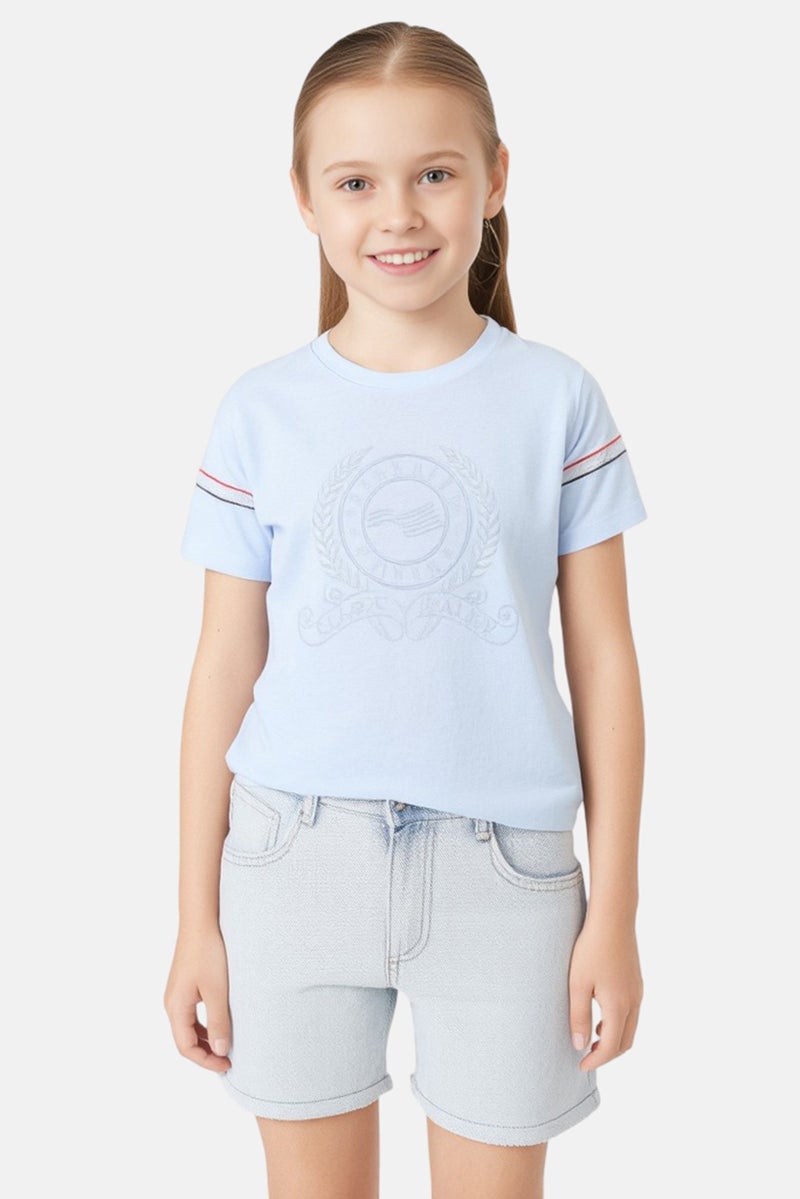 PERRY ELLIS Kids Girl Short Sleeve Embroidered Logo T-Shirt, Light Blue - Image 1