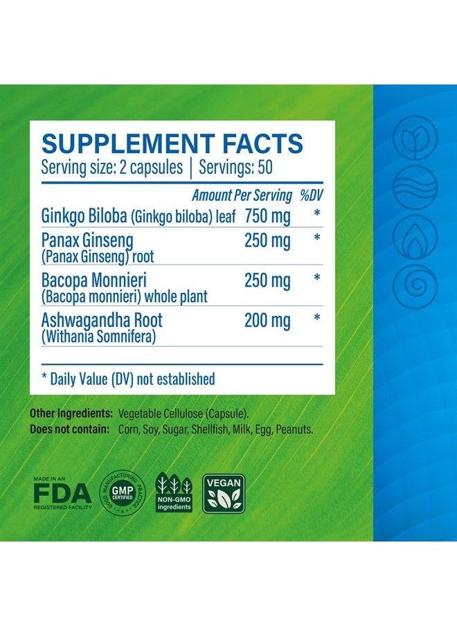 MAUWE HERBS - Brain Booster Supplement for Memory and Focus - Brain Health Pills - Formulated with Organic Ginkgo Biloba, Panax Ginseng, Ashwagandha, Bacopa - 1400mg, 100 Vegan Capsules - Image 1