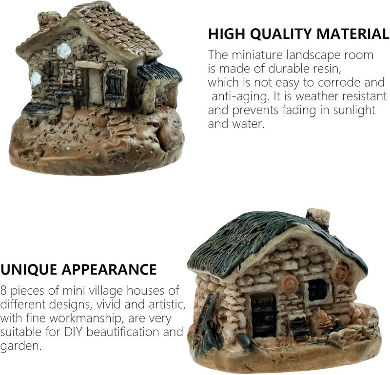 BLLREMIPSUR 8 PCS Mini House Figurines, Miniature Village Hut Figurine, Fairy Garden Cottage Ornaments Accessories for DIY Bonsai, Succulent Planting, Terrarium, Flower Pot Decor - Image 2