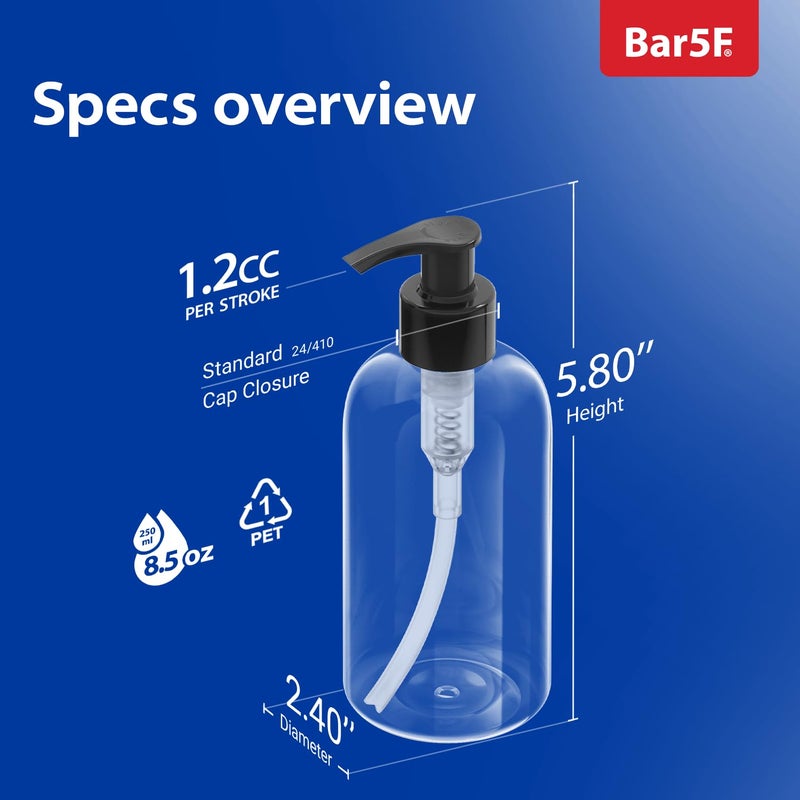 Bar5F Plastic Bottles with Pump Dispenser, 8 oz | Leak Proof, Empty, Clear Refillable, BPA Free for Body Wash, Moisturizer, Face Cream, Liquid Soap | Black & White Pumping Caps | Set of 2 - Image 5