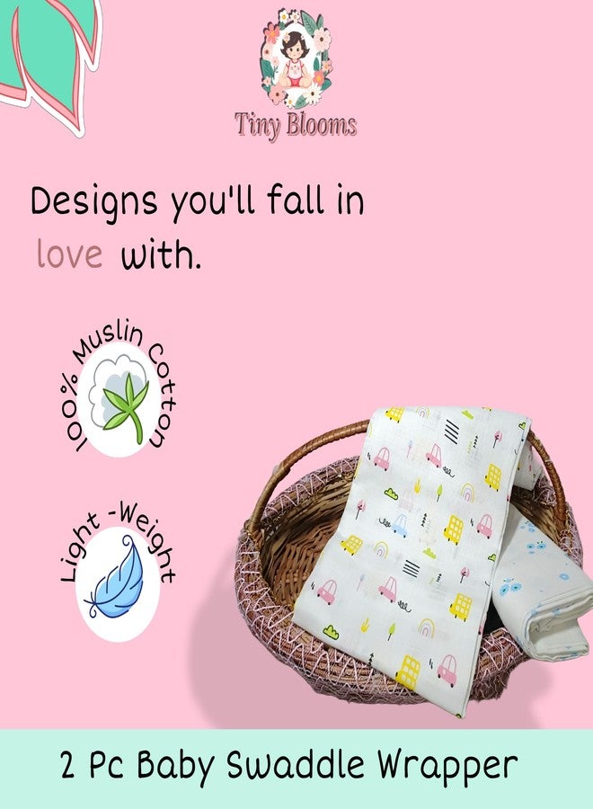 Tiny Blooms Ultra Soft 100% Cotton Muslin Baby Swaddles Wrap - Pack of 2, (107cm x 107cm) Flowers & Cars Prints on White Use as Swaddle Wrap, Stroller Cover, Nursing Cover, Blanket & More - Image 5
