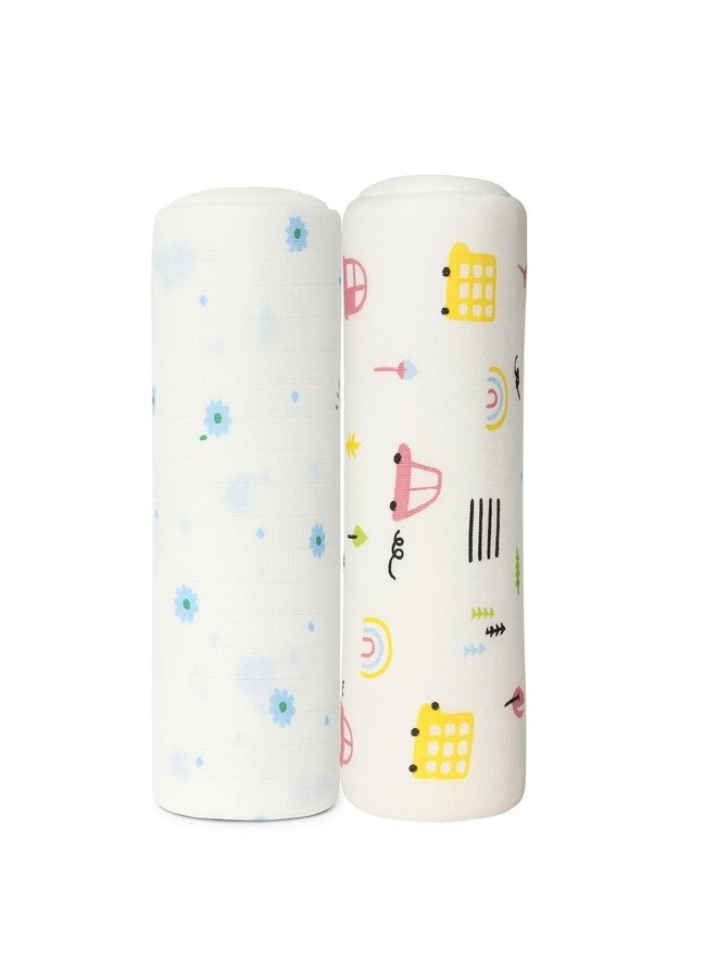 Tiny Blooms Ultra Soft 100% Cotton Muslin Baby Swaddles Wrap - Pack of 2, (107cm x 107cm) Flowers & Cars Prints on White Use as Swaddle Wrap, Stroller Cover, Nursing Cover, Blanket & More - Image 1