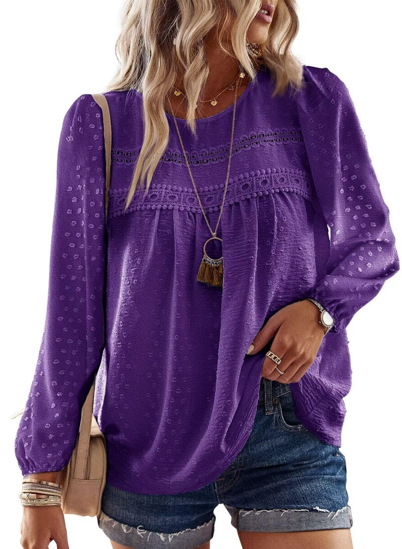 Falechay Dressy Tops Round Neck Flowy Dressy Tunic Tops Babydoll Cute Shirts for Women Loose Pom Pom Long Sleeve Dark Purple Blouses Plus Size Clothes XL - Image 1