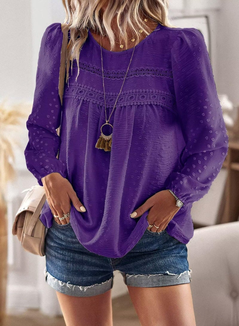 Falechay Dressy Tops Round Neck Flowy Dressy Tunic Tops Babydoll Cute Shirts for Women Loose Pom Pom Long Sleeve Dark Purple Blouses Plus Size Clothes XL - Image 5