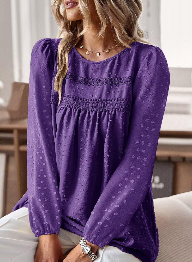 Falechay Dressy Tops Round Neck Flowy Dressy Tunic Tops Babydoll Cute Shirts for Women Loose Pom Pom Long Sleeve Dark Purple Blouses Plus Size Clothes XL - Image 2