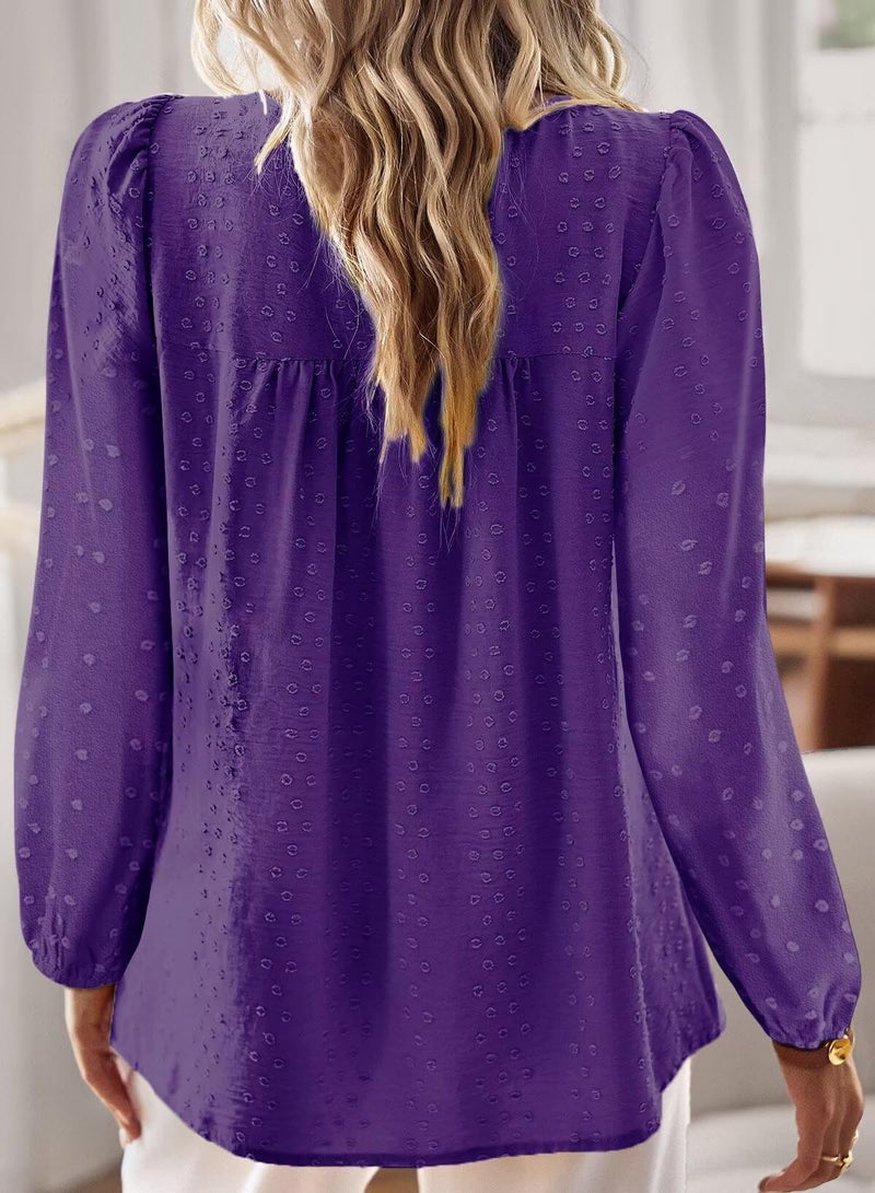 Falechay Dressy Tops Round Neck Flowy Dressy Tunic Tops Babydoll Cute Shirts for Women Loose Pom Pom Long Sleeve Dark Purple Blouses Plus Size Clothes XL - Image 3