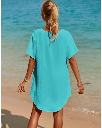 SimpleFun Beach Cover Ups for Women Dress V Neck Knee Length Swim Coverups Trendy Bikini Bathing Suit Cover Up Turquoise L - Image 4