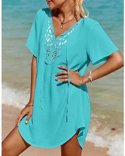 SimpleFun Beach Cover Ups for Women Dress V Neck Knee Length Swim Coverups Trendy Bikini Bathing Suit Cover Up Turquoise L - Image 2
