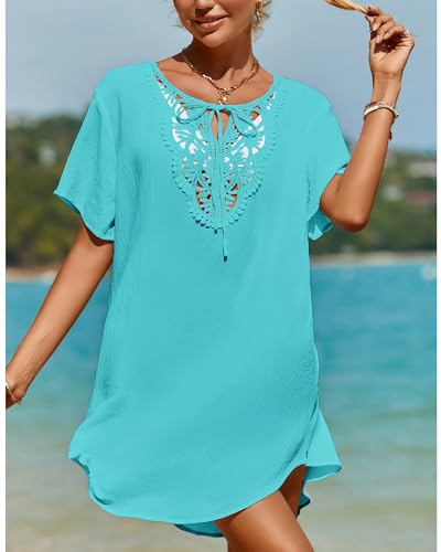 SimpleFun Beach Cover Ups for Women Dress V Neck Knee Length Swim Coverups Trendy Bikini Bathing Suit Cover Up Turquoise L - Image 3