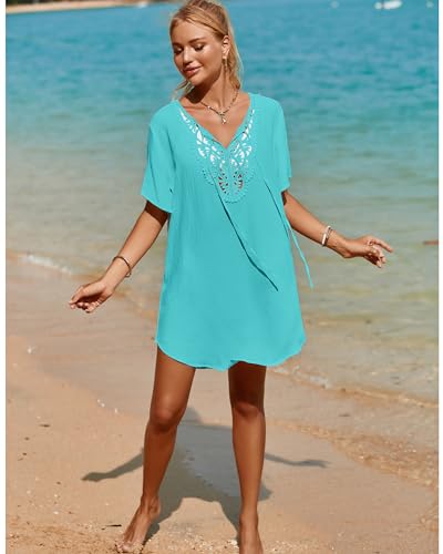 SimpleFun Beach Cover Ups for Women Dress V Neck Knee Length Swim Coverups Trendy Bikini Bathing Suit Cover Up Turquoise L - Image 5