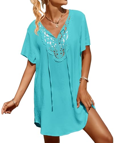 SimpleFun Beach Cover Ups for Women Dress V Neck Knee Length Swim Coverups Trendy Bikini Bathing Suit Cover Up Turquoise L - Image 1