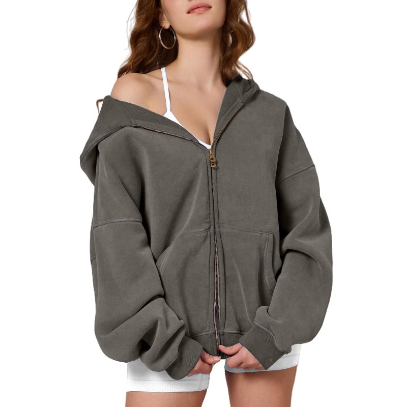 Dnzzs Womens Zip Up Hoodie Oversized Acid Wash Sweatshirts Heavyweight Fall Fashion Outfits Casual Jackets Winter Clothes,Grey,Medium - Image 1