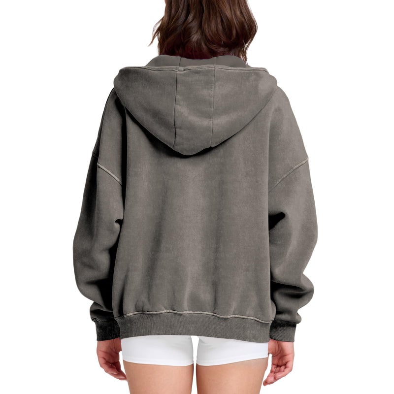 Dnzzs Womens Zip Up Hoodie Oversized Acid Wash Sweatshirts Heavyweight Fall Fashion Outfits Casual Jackets Winter Clothes,Grey,Medium - Image 5