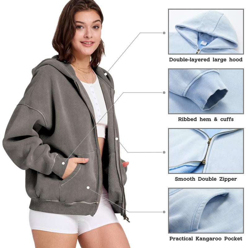 Dnzzs Womens Zip Up Hoodie Oversized Acid Wash Sweatshirts Heavyweight Fall Fashion Outfits Casual Jackets Winter Clothes,Grey,Medium - Image 3