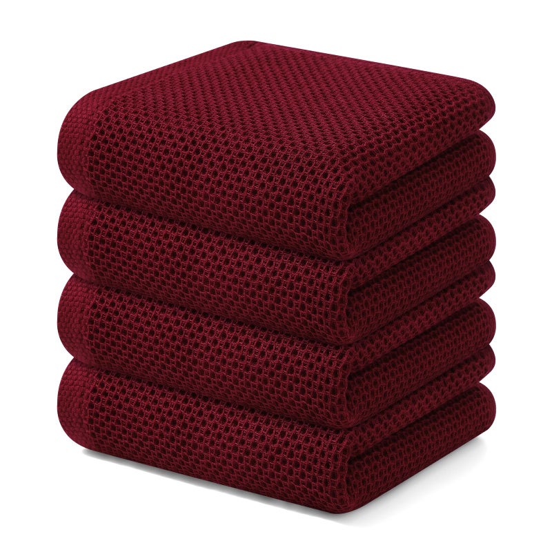 Kitinjoy 100% Cotton Waffle Weave Kitchen Hand Towels (13 X 28 Inches, Burgundy), 4-Pack Super Soft and Absorbent Dish Towel for Drying Dishes - Image 1