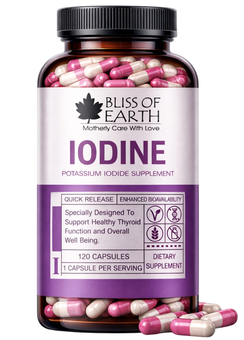 Bliss of Earth Iodine Capsules 120 Count, Potassium Iodide Dietary Supplement for Thyroid Support, Healthy Metabolism, Daily Wellness, Easy Swallow Capsules for Women & Men - Image 1