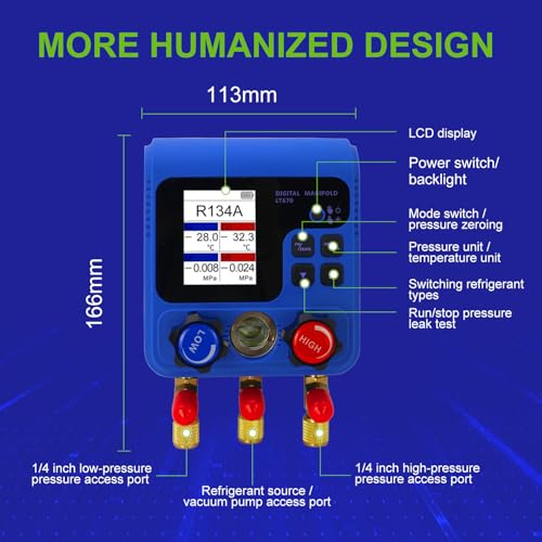 Z_جوده وثقه Z LT670 Digital Refrigerant Gauge Set with 92 Refrigerant Data, Dual Pressure Testing, Vacuum Leak Testing, and Backlit TFT LCD Display - Image 4
