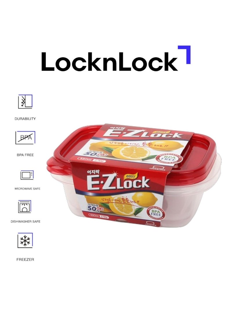 LOCK & LOCK LocknLock EzLock Rectangle Container Set - 520ml (Set of 2), Clear Base, Stackable, Microwave-Safe  - Image 1