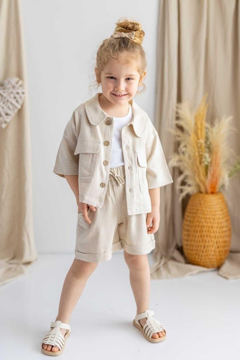 Oliven The Kid Beige Linen Baby Collar Buttoned Front Flap Pocket Short Sleeve Girl Jacket - Image 3