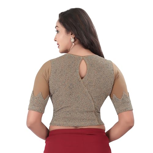 DESI GIRL - Round Neck Jacquard Regular Fit Saree Blouse for Women | Half Sleeve Readymade Stretchy Embroidered Design Festive Blouse Perfect for Saree, Lehenga, Kurti | Chiku - 42 - Image 3