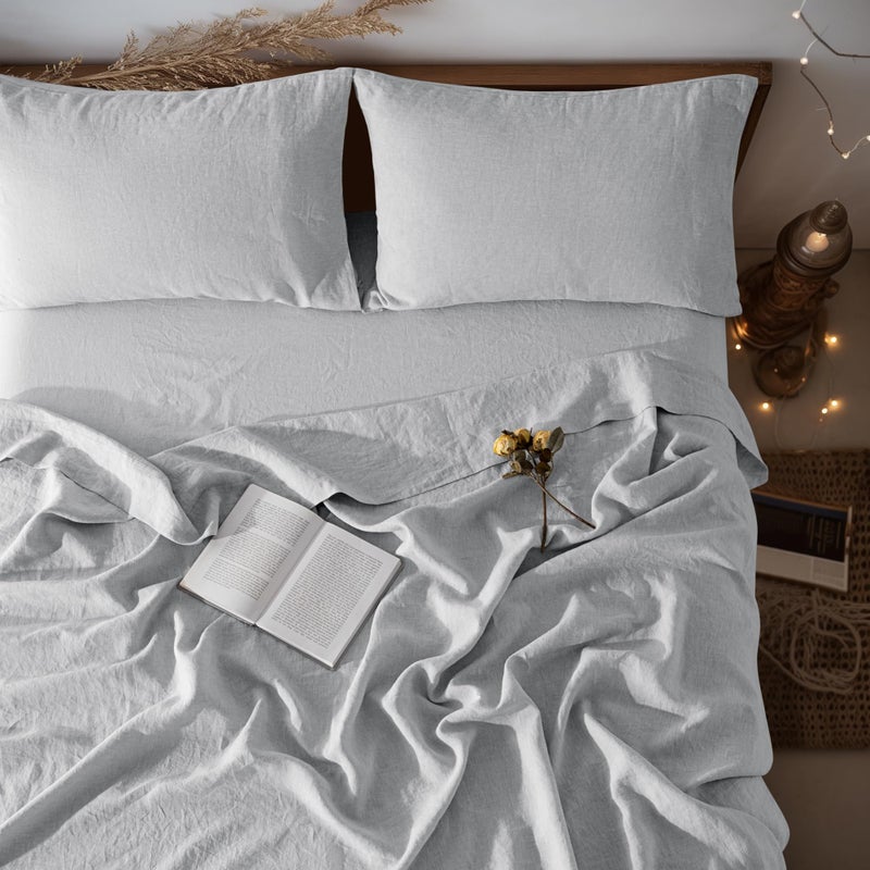 LBRO2M LBR02M 100% Linen Sheet Set California King Size  Bed Sheets 4 Piece Sets  Solid Color Natural Flax Bed Sheets Soft Breathable Bedding 16"" Deep Pocket All Season (Clifornia King  Grey)  - Image 1