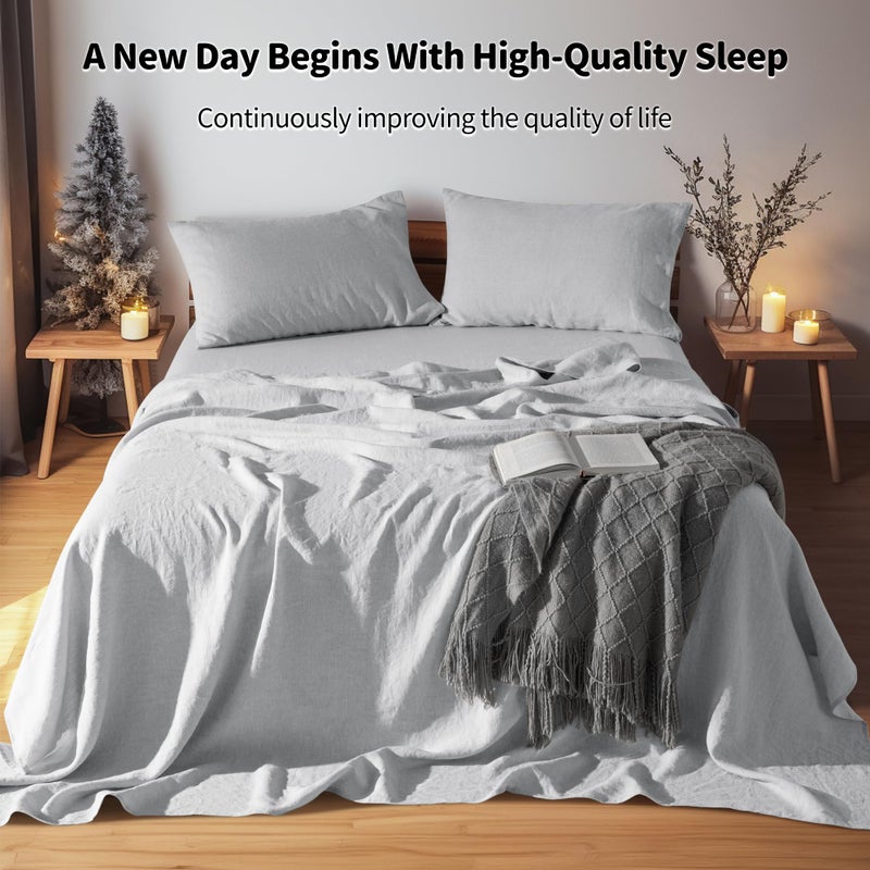 LBRO2M LBR02M 100% Linen Sheet Set California King Size  Bed Sheets 4 Piece Sets  Solid Color Natural Flax Bed Sheets Soft Breathable Bedding 16"" Deep Pocket All Season (Clifornia King  Grey)  - Image 2