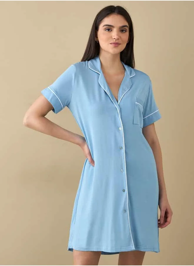 FAV Sleep Shirt with Short Sleeves and Button Placket
