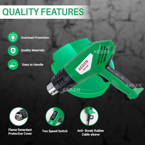 AEGON AHG-2000 2000W Professional Heat Gun with 5 Nozzles – Adjustable Temp 190°C-700°C, Dual Speed Airflow | Powerful Hot Air Gun for Shrink Wrapping, Paint Removal, Plastic Bending - Image 5