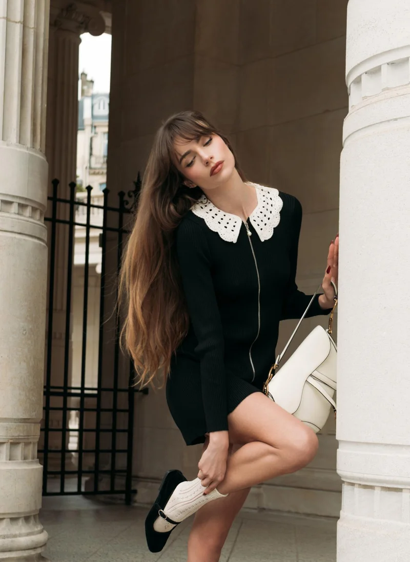 Lichi Rib-knit jersey mini dress with knitted collar
